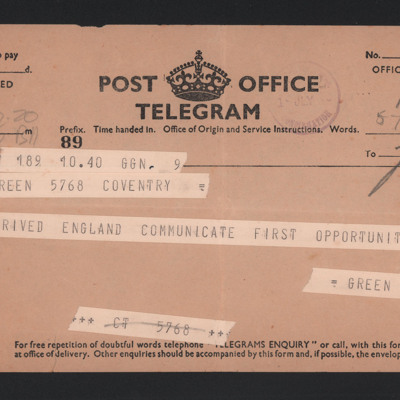 Telegram from Alan Green to his Father